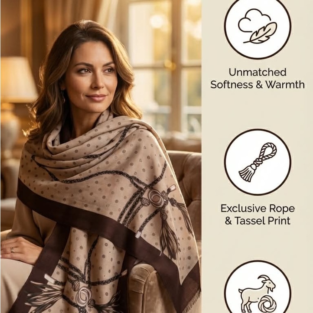 Taupe Rope & Tassel Print Shawl Wrap - Women